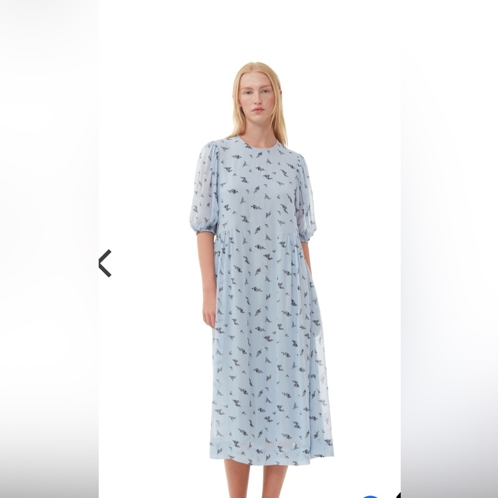 GANNI PRINTED GEORGETTE PUFF SLEEVE MIDI DRESS